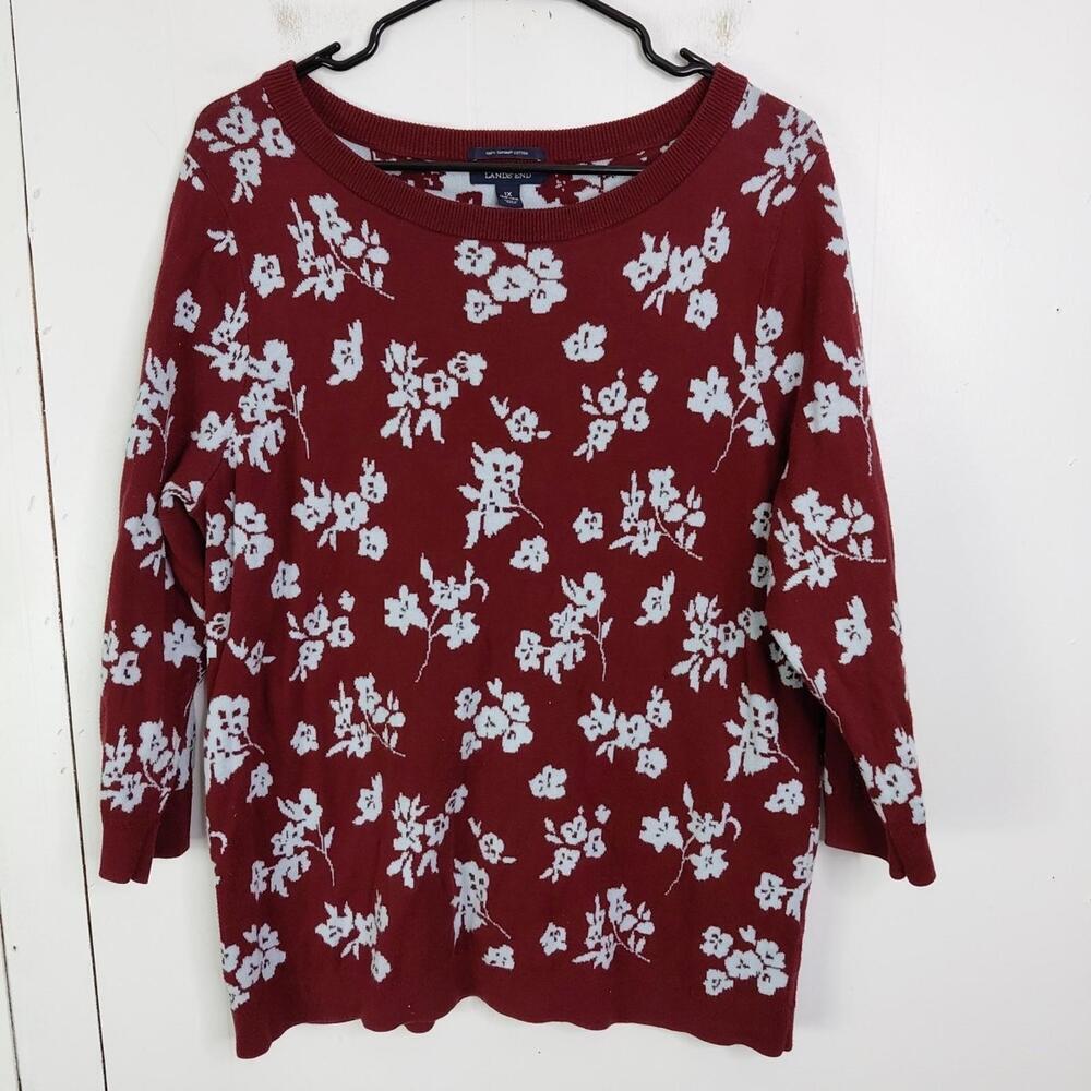 Lands End Sweater Womens 1X Supima Cotton Floral Maroon Wide Neck 3/4 Sleeves